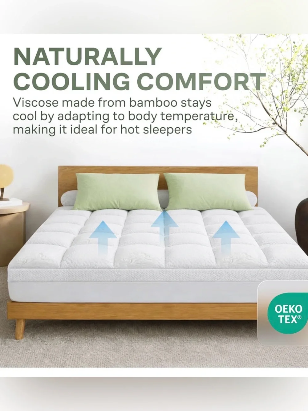 KING size - Cooling White Bamboo-Blend Mattress Topper – Breathable Comfort